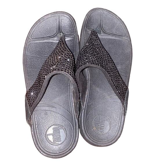 Fitflop Lulu Rhinestone embellished wobble Board t-strapped sandals size 7 black - Picture 4 of 9